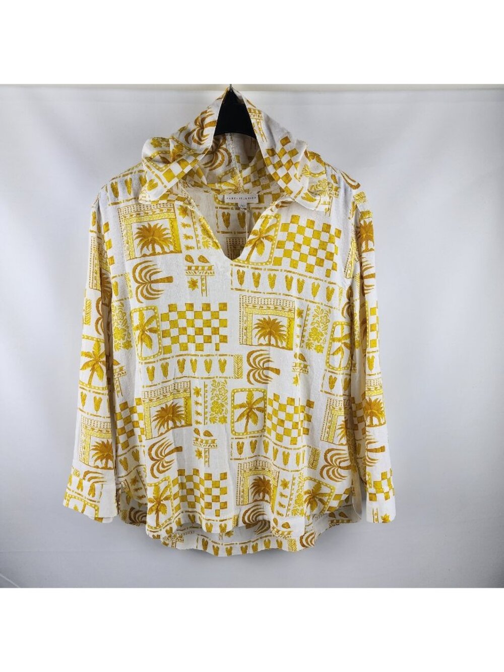 Jane & Delancey Hoodie Womens Large Multi Geometric Linen Blend Blouse NWT